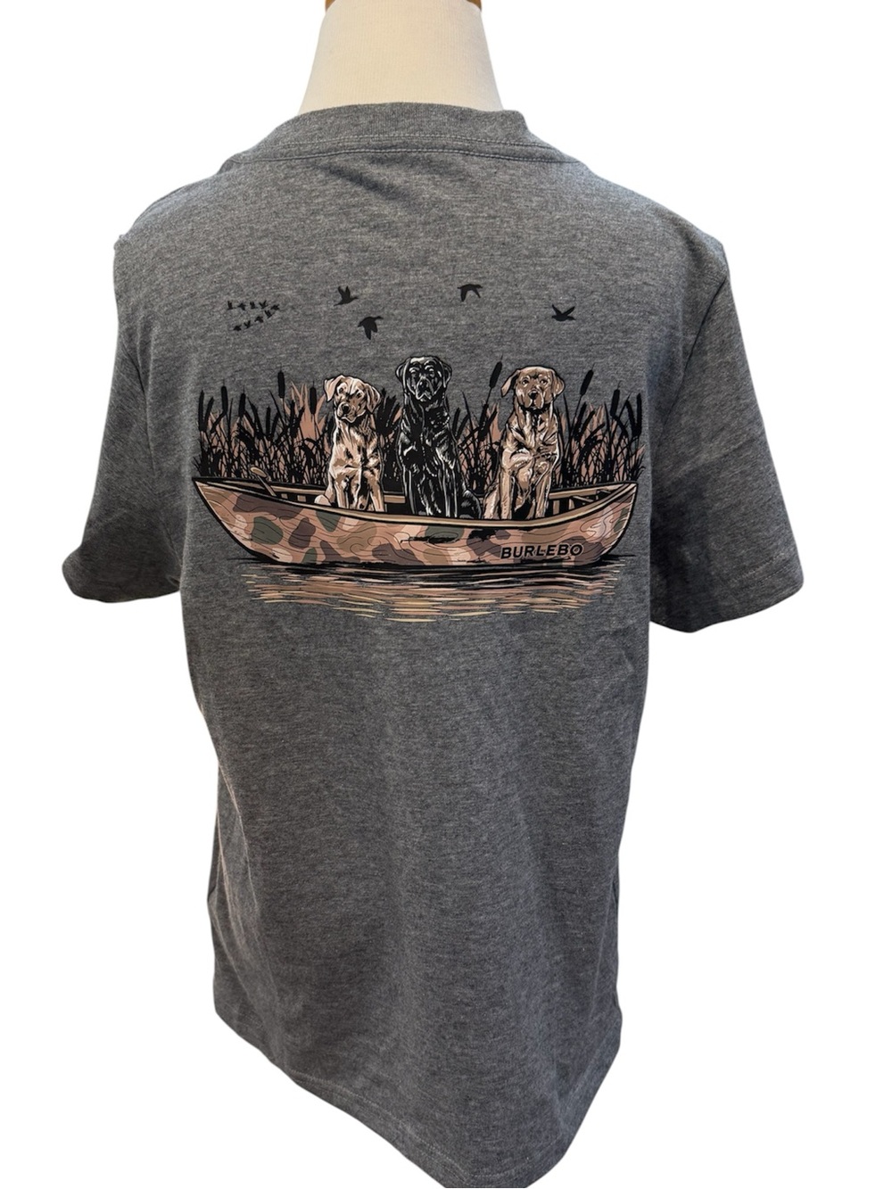 Burlebo  “Dogs on Boat” Short Sleeve Tee in Dark Heather Grey, Youth L, NWT